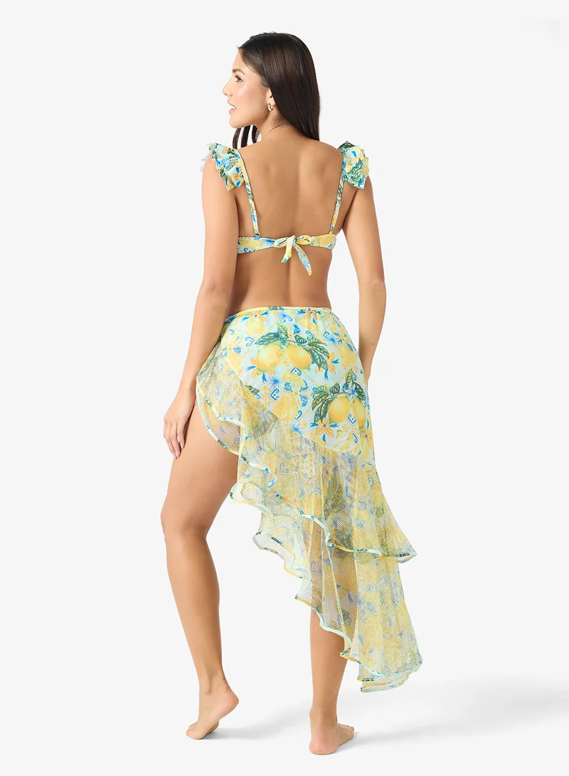 جينجر 3Pc Floral Bikini Set With Assymetric Skirt